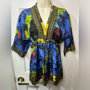 Johnny Was Blue 100% Silk Kimono Style top Size xs